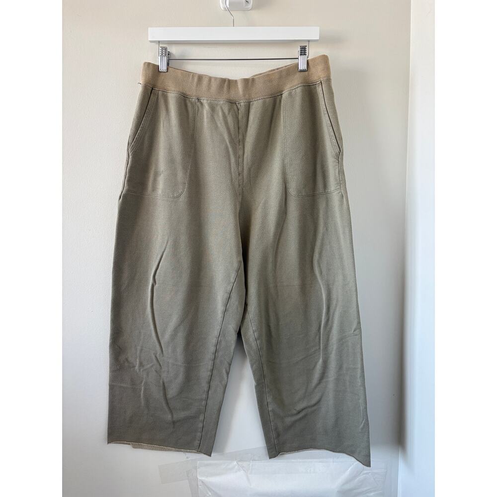 Olive Cropped Wide Leg Pants Womens Sz L Yoga Athleisure Ribbed Waistband FLAW